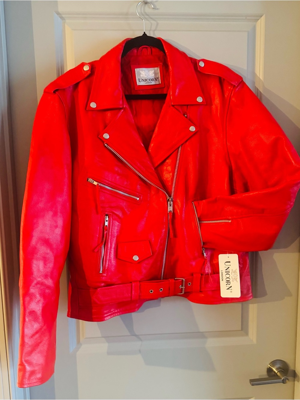 Red Leather Moto Jacket - Women's